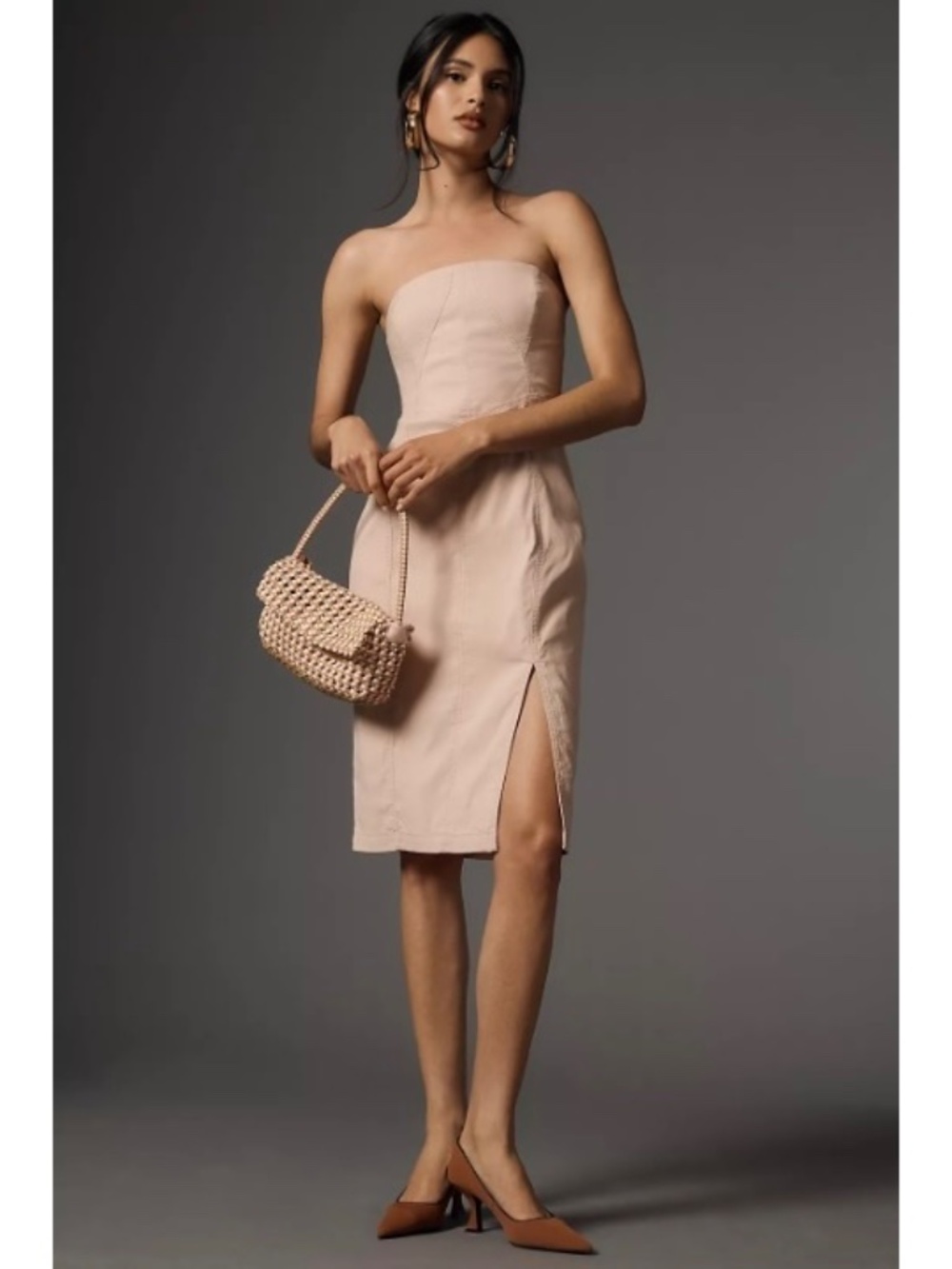 NWT Anthropologie LG Petite Blush Pink Strapless‎ Side Slit Stretch Midi Dress